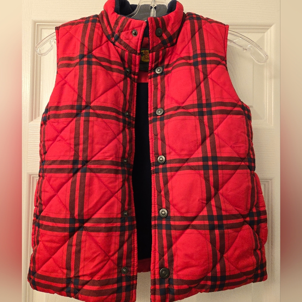 Kids Sz. Medium Red Plaid Puffer Vest, Layering, Snaps, Pockets